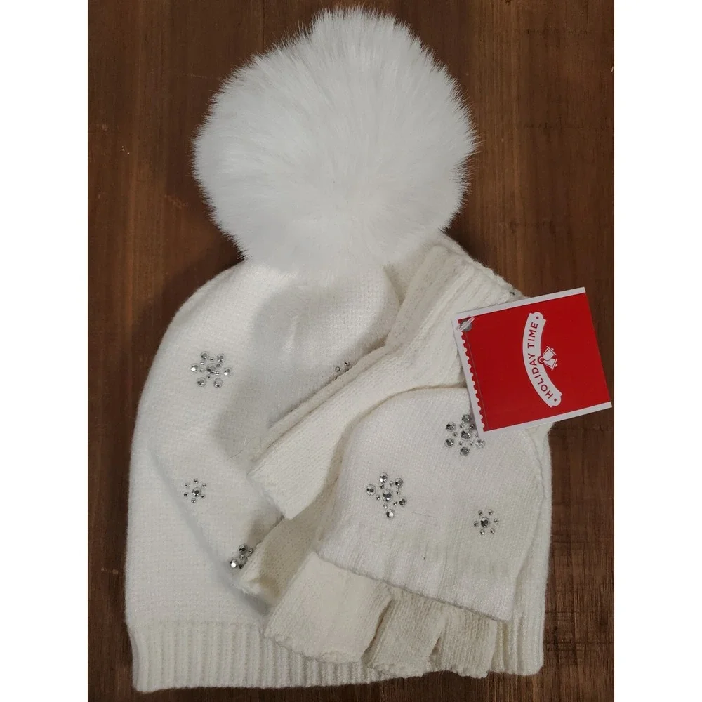 Rhinestone Snowflake Hat & Gloves Set - White Open Finger Texting Women's NEW